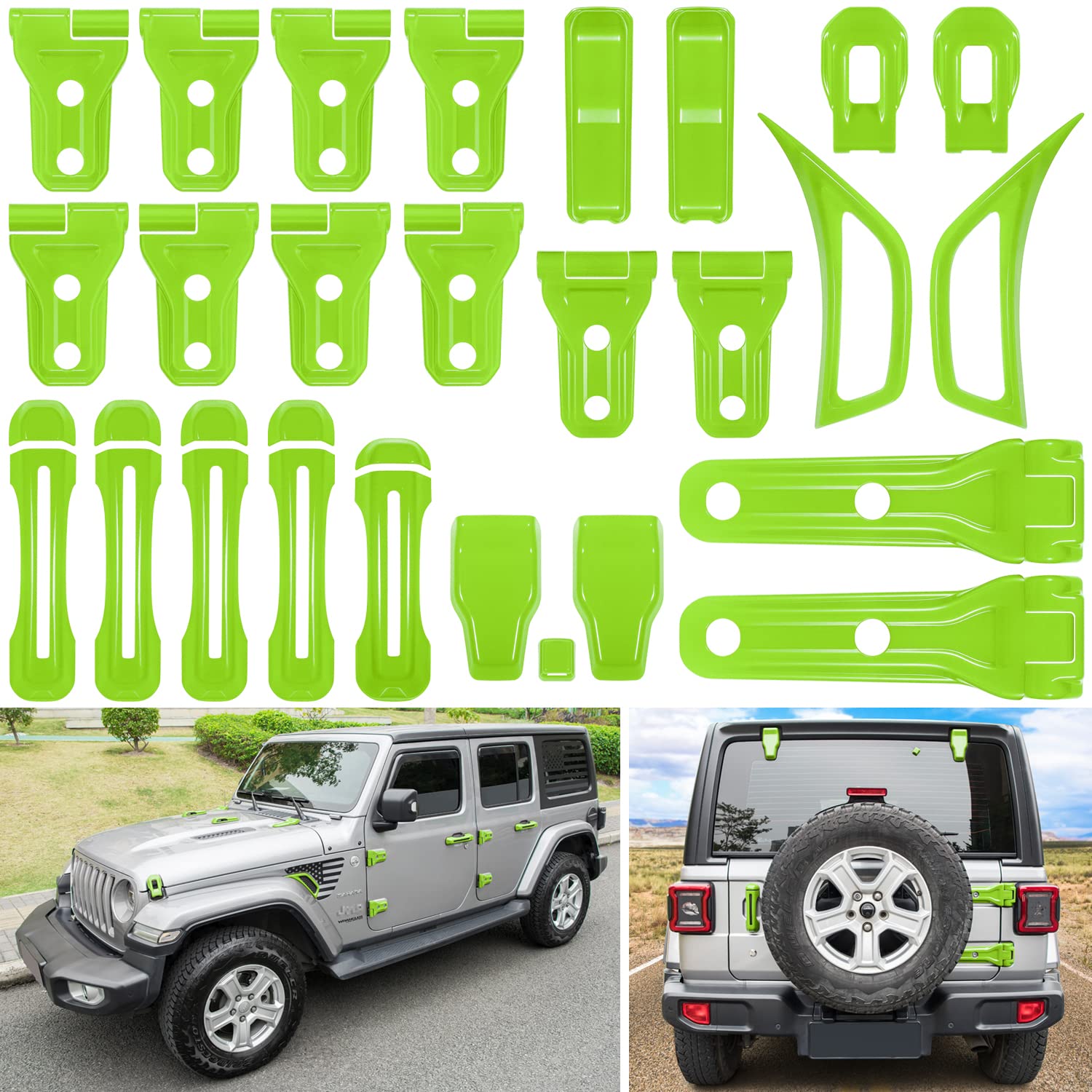Photo 1 of 26PCS Full Set Exterior Decoration Trim Kit for Jeep Wrangler JL JLU 2018-2023 Door Hinge Handle Engine Hood Hinge Hood Latch Wheel Eyebrow Side Air Outlet Rear Tailgate Window Hinge Cover (Green)