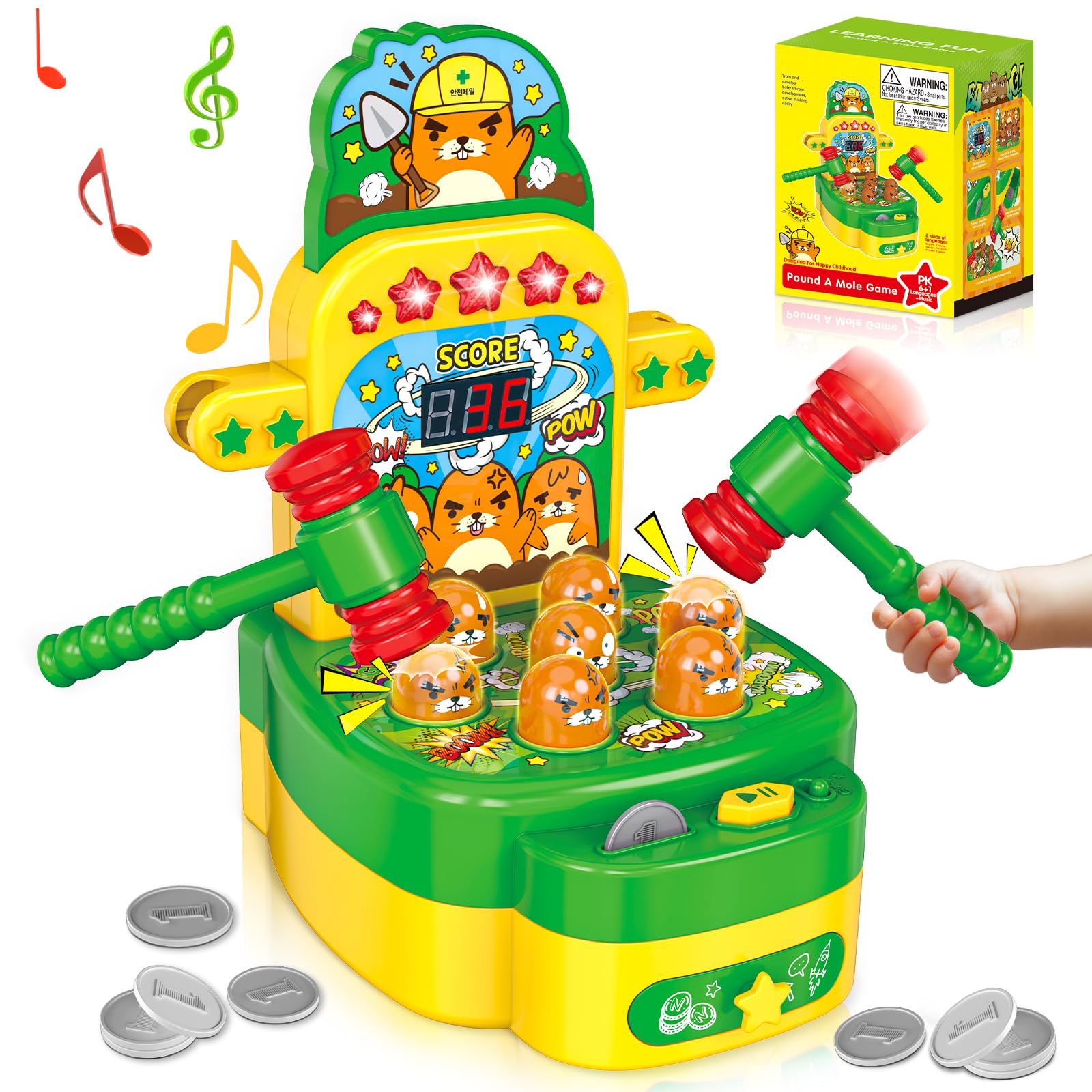 KOJAYHOL Whack A Mole Game with 2 Hammers Toy, Whack Game Toy with Mole for 3 4 5 6 7 8 Years Old Boys Girls, Interactive Educational Toys with Sound and Light