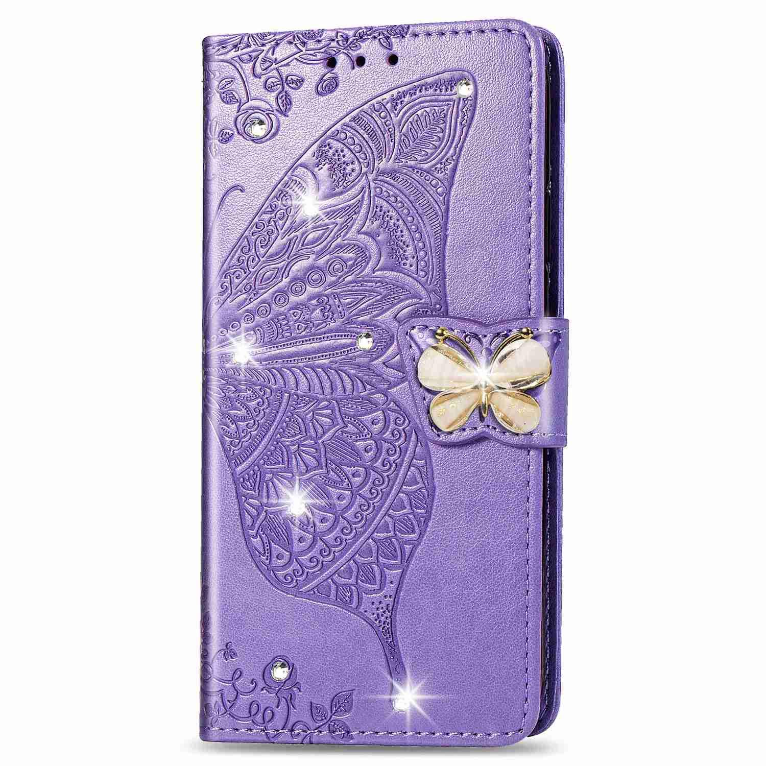 Reevermap iPhone 12 Mini Case Glitter Cystal Flip PU Leather Phone Cover for iPhone 12 Mini, Shockproof Wallet Card Slots Butterfly Embossed Gems Bling Shiny Magnetic Clasp Kickstand, Light Purple