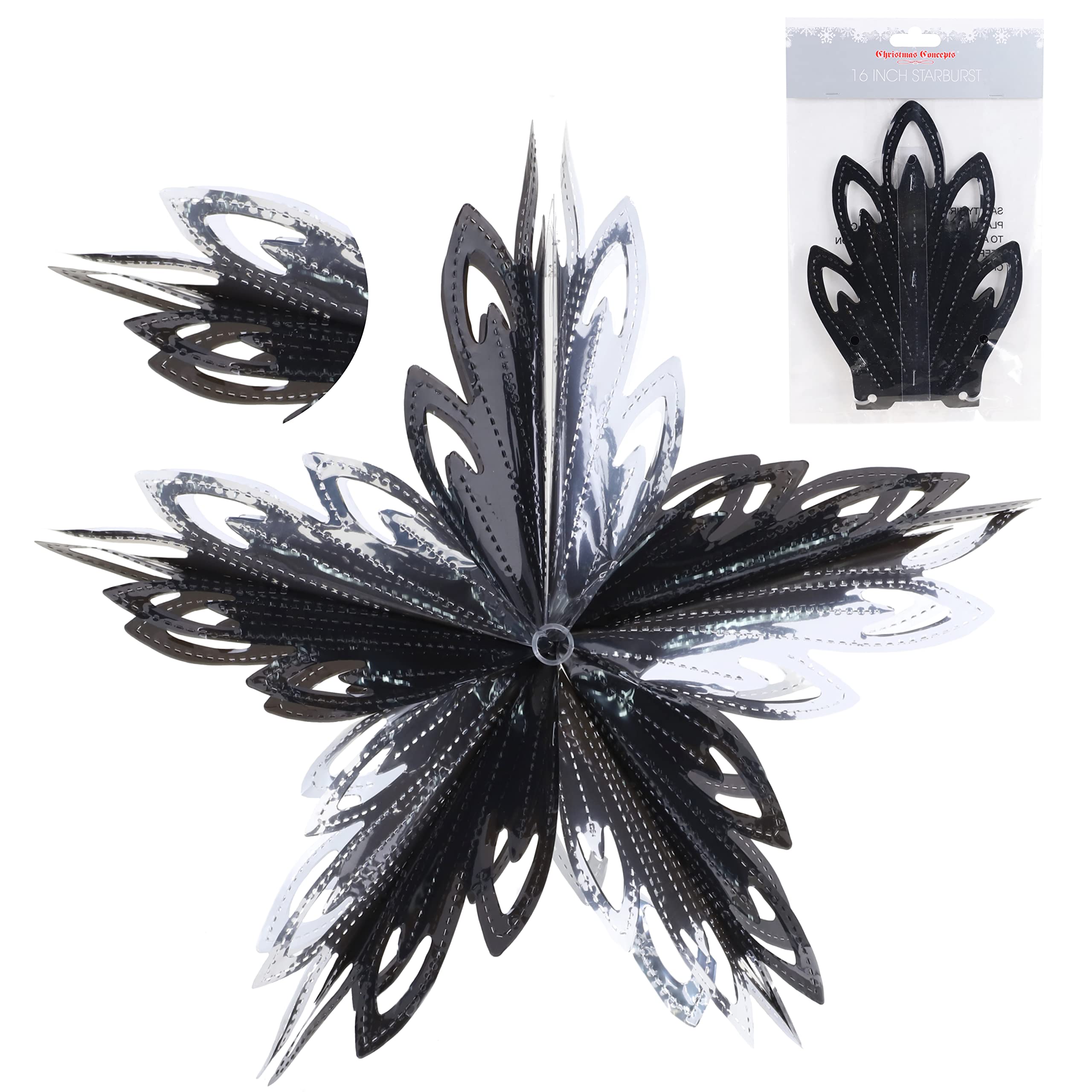 Christmas Concepts® 16” (1.3ft) Large Foil 3D Star Hanging Decoration – Christmas Trimming (Black & Silver)