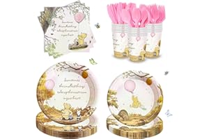 AURORAPARTY 168pcs Winnie Baby Shower Decorations Plates Napkins Cups Pink Vintage Bear Birthday Party Supplies Baby Girls Newborn Birthday Disposable Forks Paper Tableware Set for 24 Guests