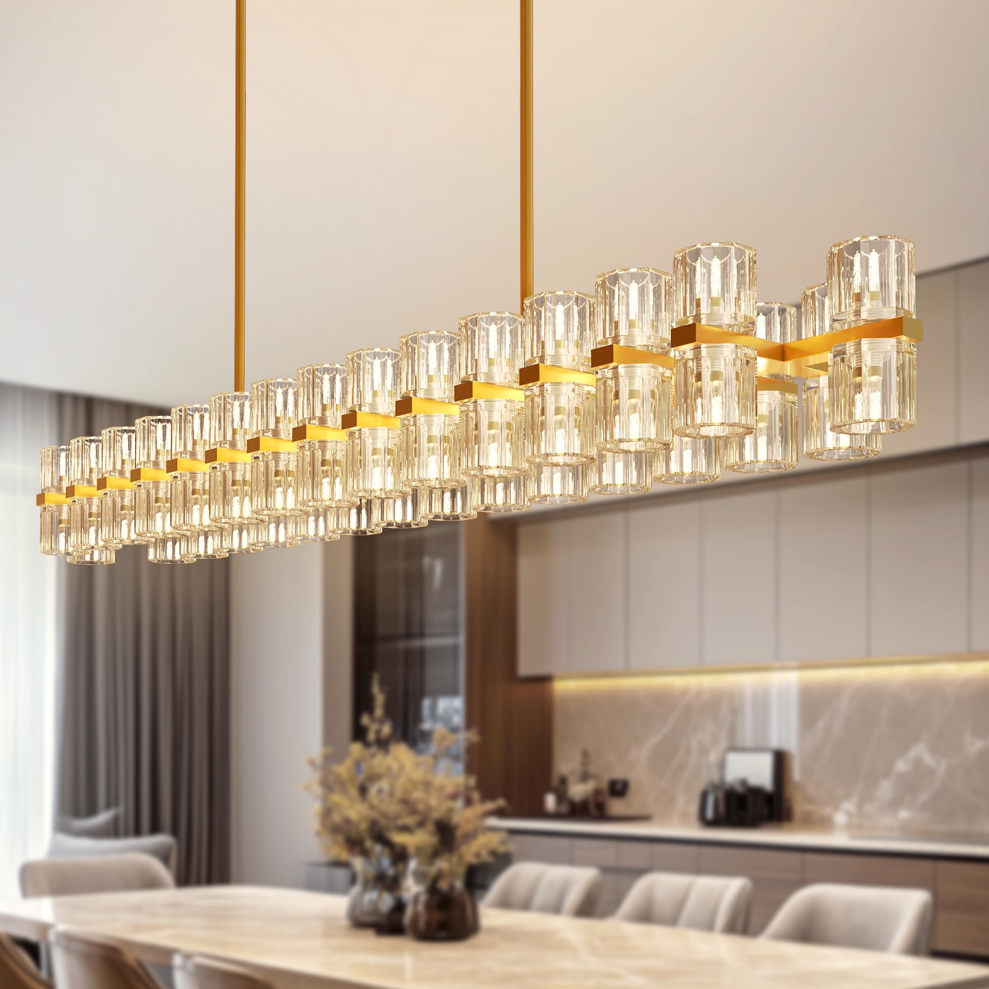 Photo 1 of DORESshop Gold 60-Light Crystal Rectangular Chandelier for Dining Room, 53in Adjustable Height Modern Farmhouse Chandelier for Kitchen Island, Living Room (70xG4 Bulbs Included)