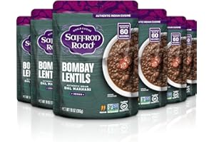 Saffron Road Bombay Lentils Ready to Eat Microwaveable Meal Pouch - Vegan, Gluten-Free, Non-GMO, 6-Pack 10 Oz Each Indian Curry with Protein, Fiber (Authentic Indian Dal Makhani)