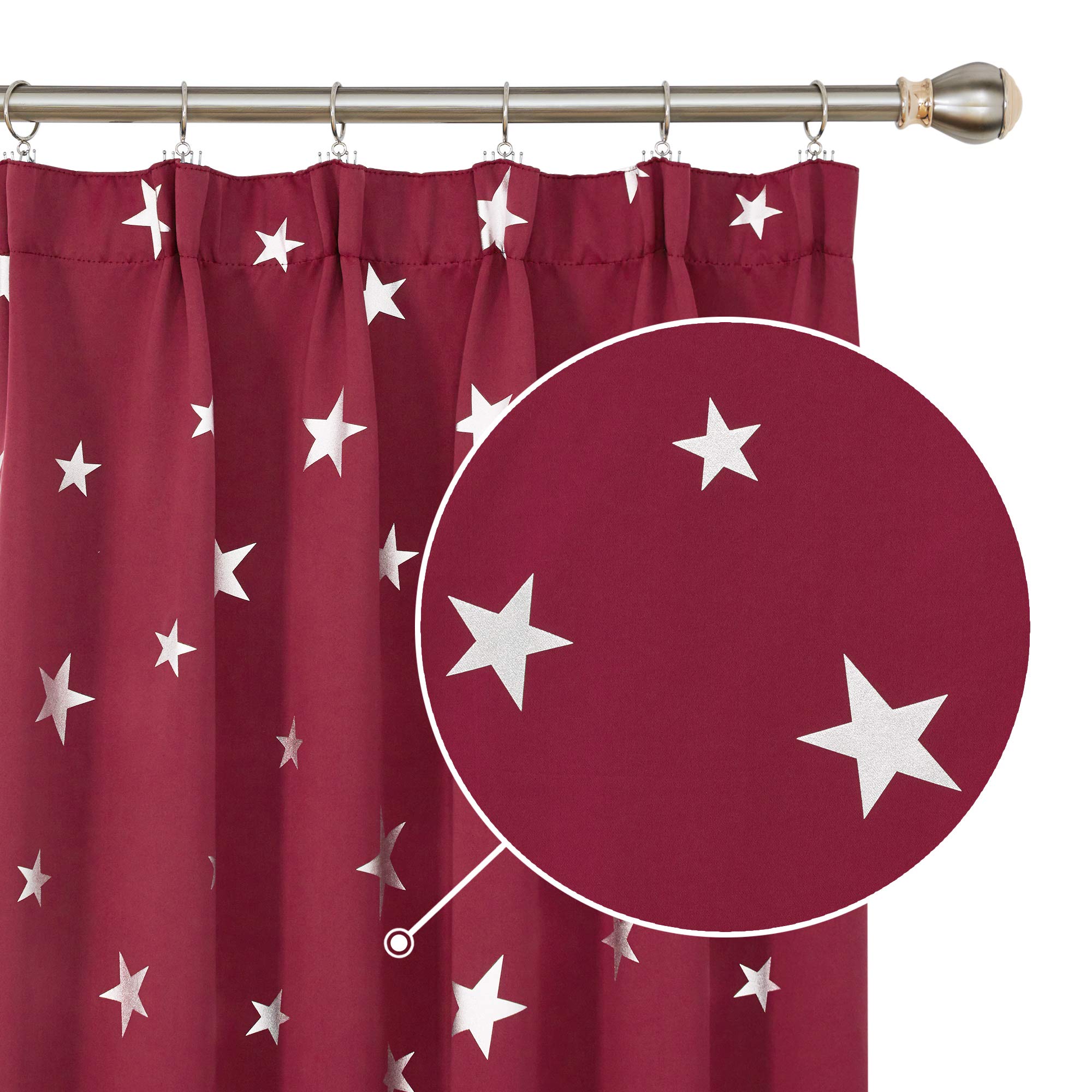 Deconovo Christmas Star Curtains Foil Printed Thermal Insulated Curtains Pencil Pleat Blackout Curtains for Nursery Dark Red 52 x 84 Inch 2 Panels
