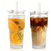 TAJZYX 19oz Ribbed Glass Cups with Lids and Straws, 2pcs Reusable Iced Coffee Cups, Ribbed Glass Tumbler,Ideal for Coffee, Smoothies and Juices– Dishwasher-Safe, Fits Car Holders, 2PACK