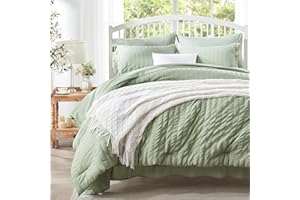 Zzlpp Queen Comforter Set 7 Pieces, Sage Green Seersucker Bed in a Bag with Comforter and Sheets, All Season Bedding Sets with 1 Comforter, 2 Pillow Shams, 2 Pillowcases, 1 Flat Sheet, 1 Fitted Sheet