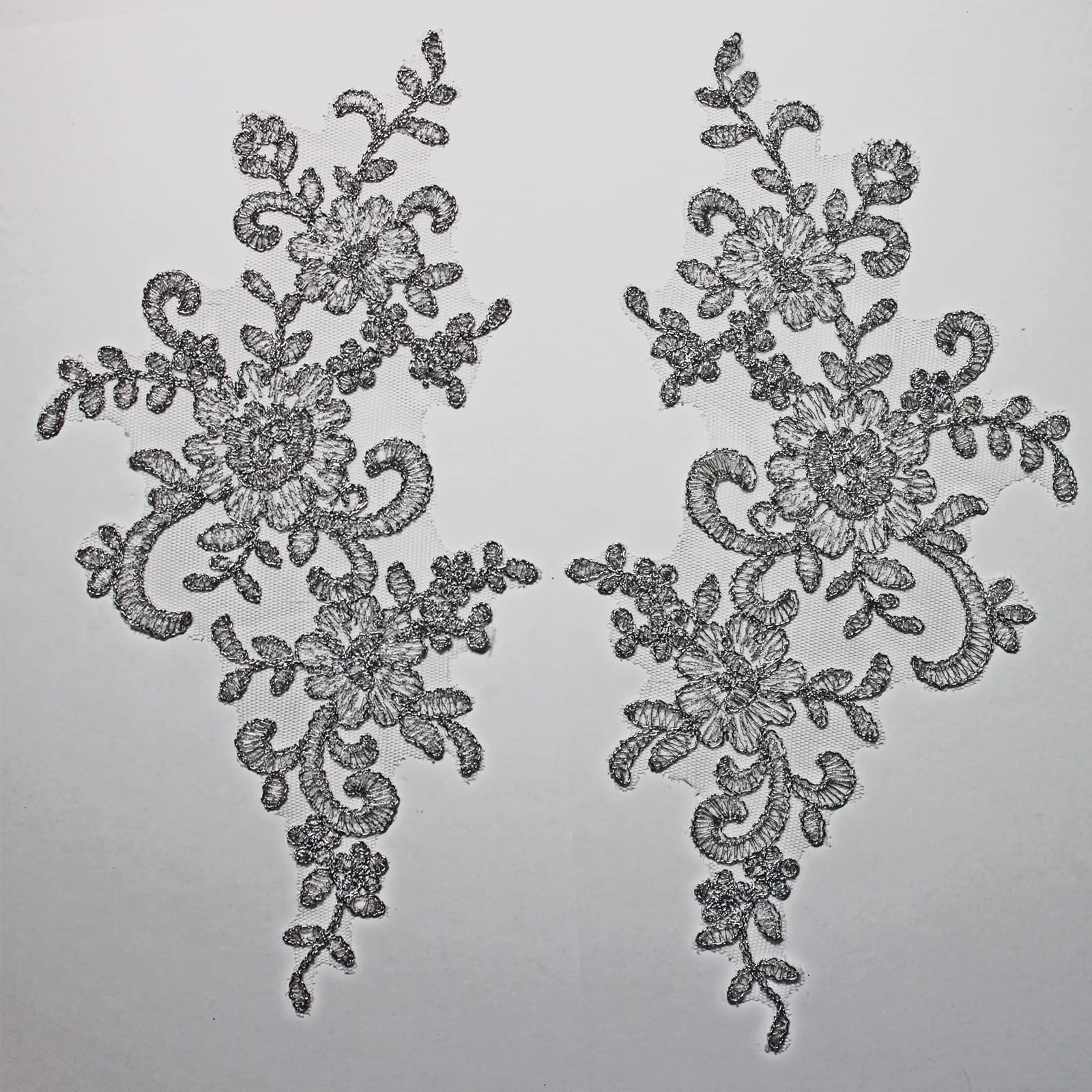 4 X Corded Embroidery Floral Lace Applique Wedding Motif Sew On Size: 25 cm x 12 cm :#39A (Metallic Silver)