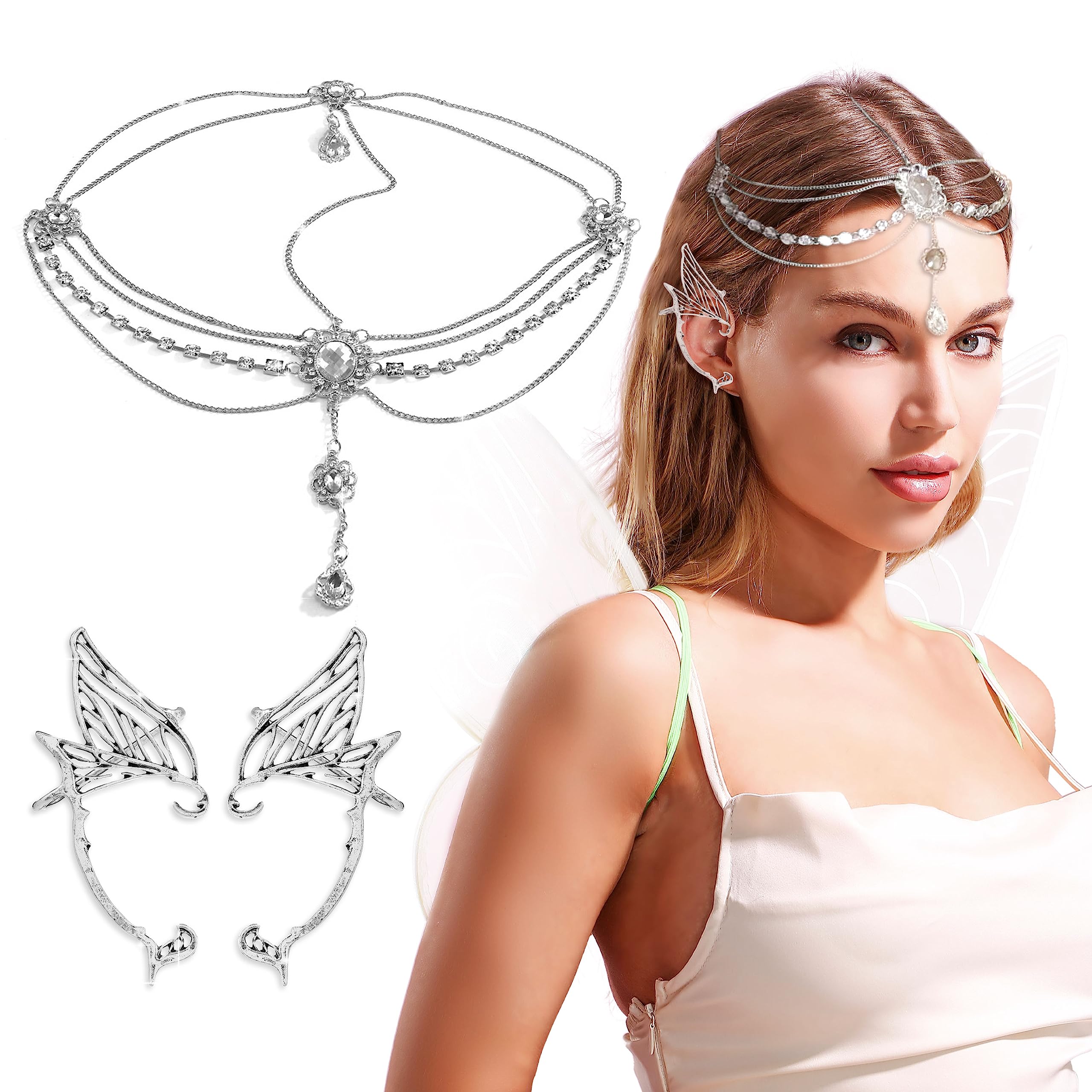 JeVenis 2PC Vintage Elf Ear Cuffs Elven Fairy Crown Headband Earrings Elf Cuffs Clip Earrings for Fantasy Renaissance Fairy Costume Cosplay (one size)