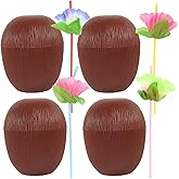 Healifty Coconut Cups with Straws Set of 4 Plastic Coconut Shaped Drinking Cups 17Oz Hawaiian Party Beverage Cups for Luau Beach and Outdoor Events