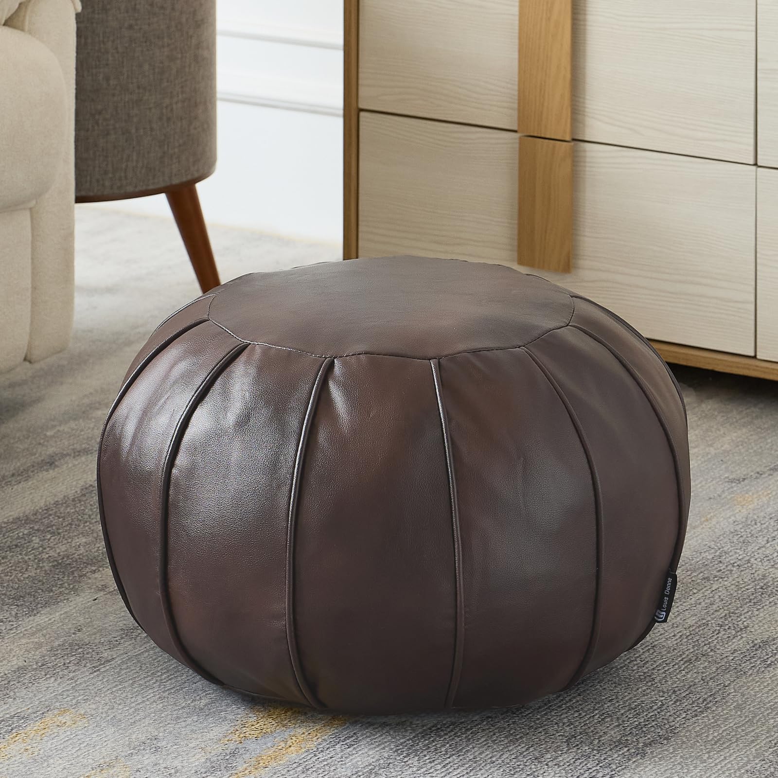 Louis Donné Unstuffed Ottoman Pouf Cover, Supersoft Handmade Faux Moroccan Decor, Small Bean Bag for Storage Solution, Foot Stool for Foot Rest, Footstools for Balcony Office Indoor 21dia Brown