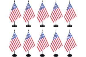 ZXvZYT American Flag Banner USA Desk Flag Set Small Mini US Office Table Stick Flags with 12" Solid Pole Black Stand Base July 4th Decorations (12 Pack)