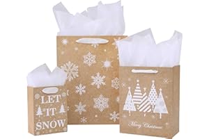 SUNCOLOR Christmas Gift Bags Assorted Sizes with Tissue Paper, 9 Pack Kraft Paper Bags in 3 Sizes, Brown and White Snowflake Design, Let It Snow Theme Holiday Gift Bags