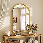 Riskioir 24" x 36" Luxury Arched Bathroom Mirror - Arch Wall Mirror with Shatterproof Tempered Glass and Metal Deep Frame, Hanging or Leaning for Living Room, Dresser, Entrance and Hallway, Gold