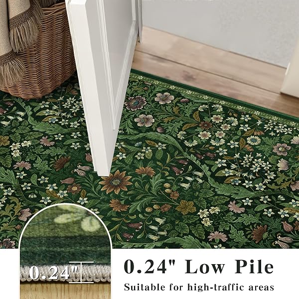 FLORAL WASHABLE 6X9 AREA RUG,DARK GREEN BOHO RUGS FOR LIVING ROOM, SOFT LOW-PILE NON-SLIP STAIN RESISTANT & NON-SHEDDING CARPET FOR BEDROOM, DINING ROOM, OFFICE, ENTRYWAY, NURSERY
