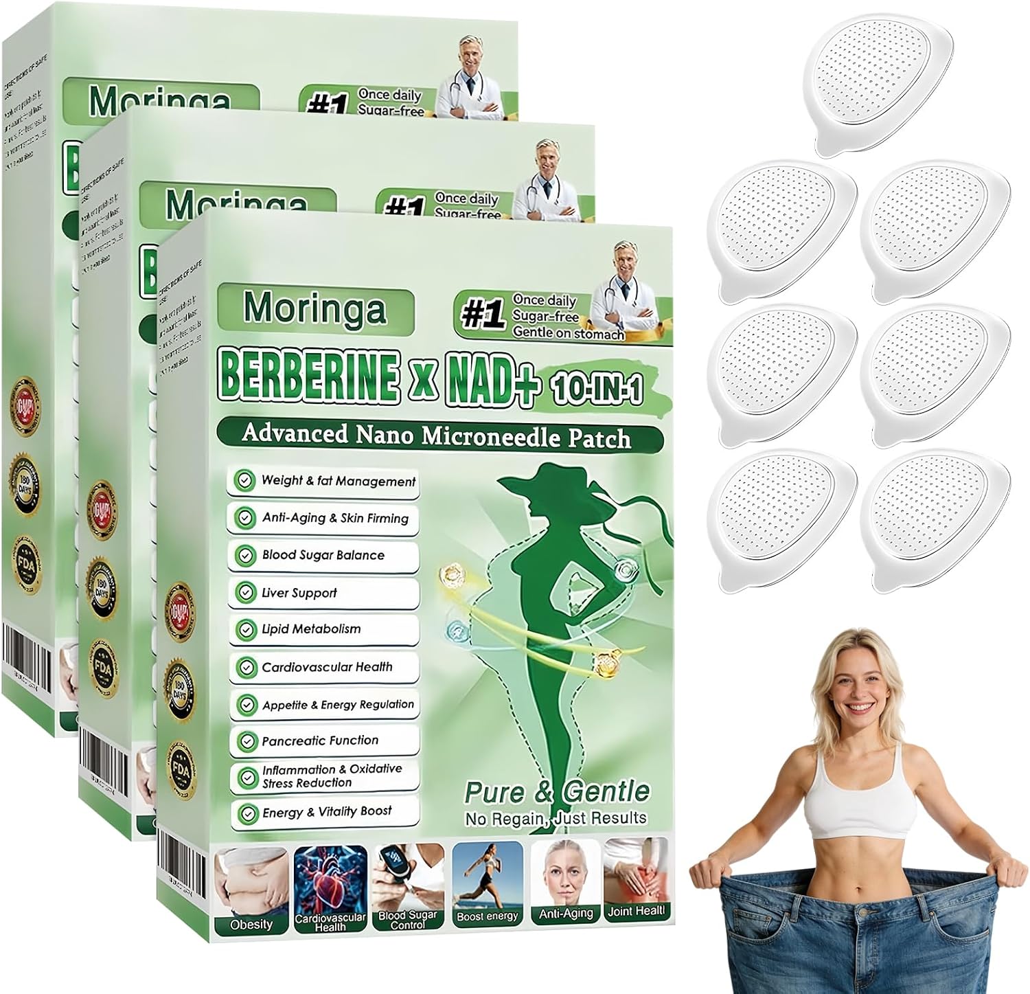 Nano Microdarts Moringa & Berberine Patch, 10-in-1 Botanical Skin Patch, Ultra-Thin Invisible Berberine Patches, Gentle & Comfortable Daily Use for Women and Men (4 Pack)