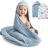 FIEMOL Baby Bath Towels, 100% Muslin Cotton Hooded Baby Towels for Newborn, 2 Pack Baby Towels with Hood for Infant Toddler and Kids, Large 32x32Inch Unisex Bath Essentials, Soft and Absorbent