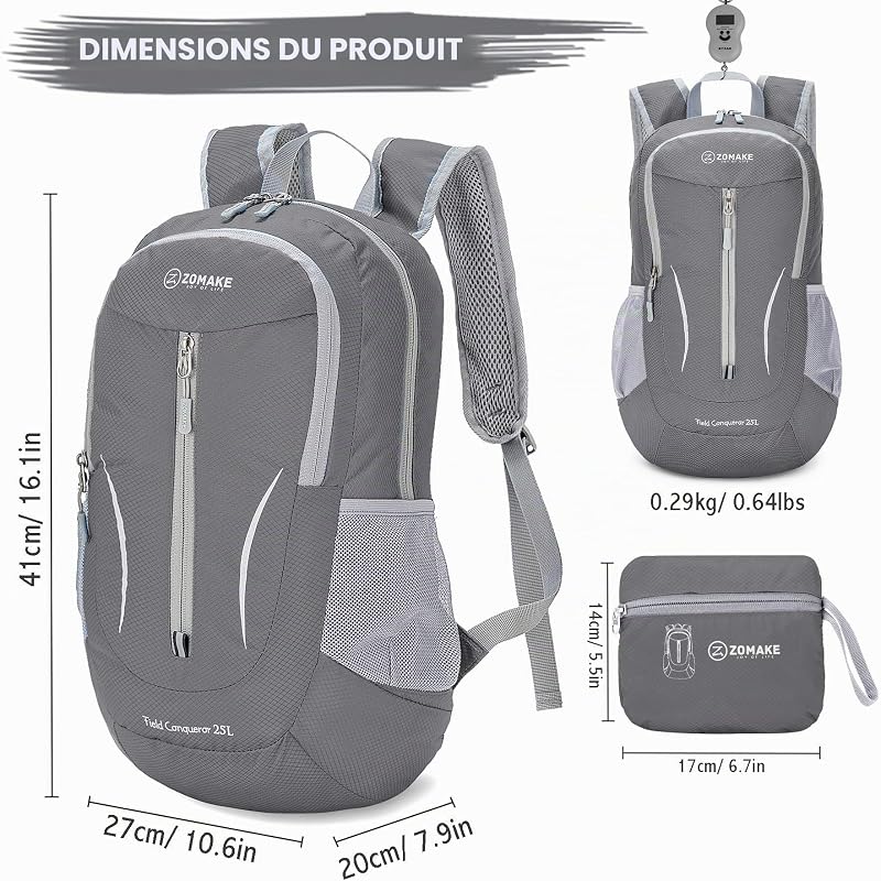 Sac a Dos Pliable Ultra Léger - Sac à Dos Pliable De Randonnée Petit Packable Daypack 25L Pour Femme Homme Sports Et Plein Air(Gris Foncé) — photo 2 sur 7