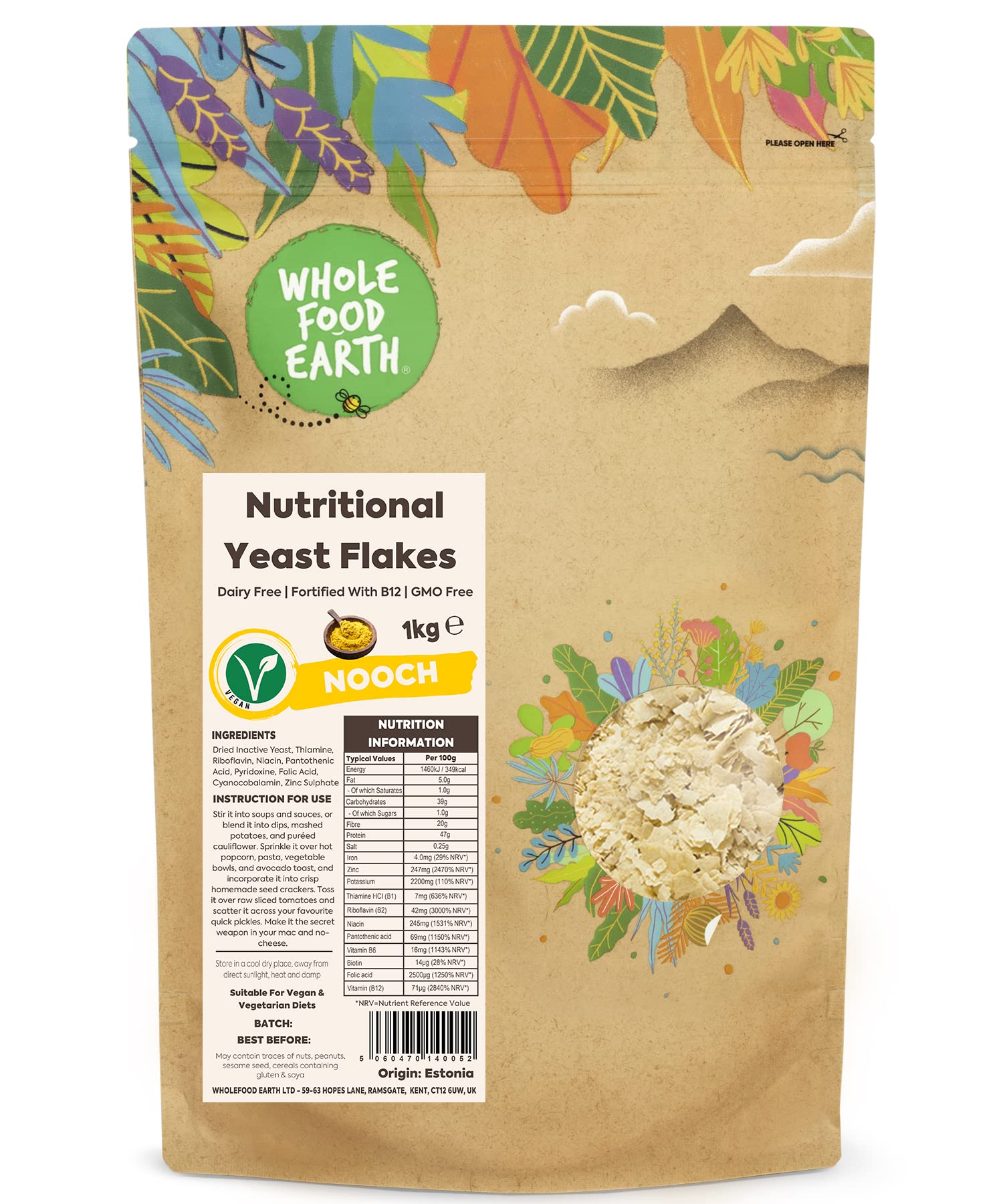 Wholefood Earth - Nutritional Yeast Flakes, 1 kg - with B12, Dairy Free, GMO Free, Vegan