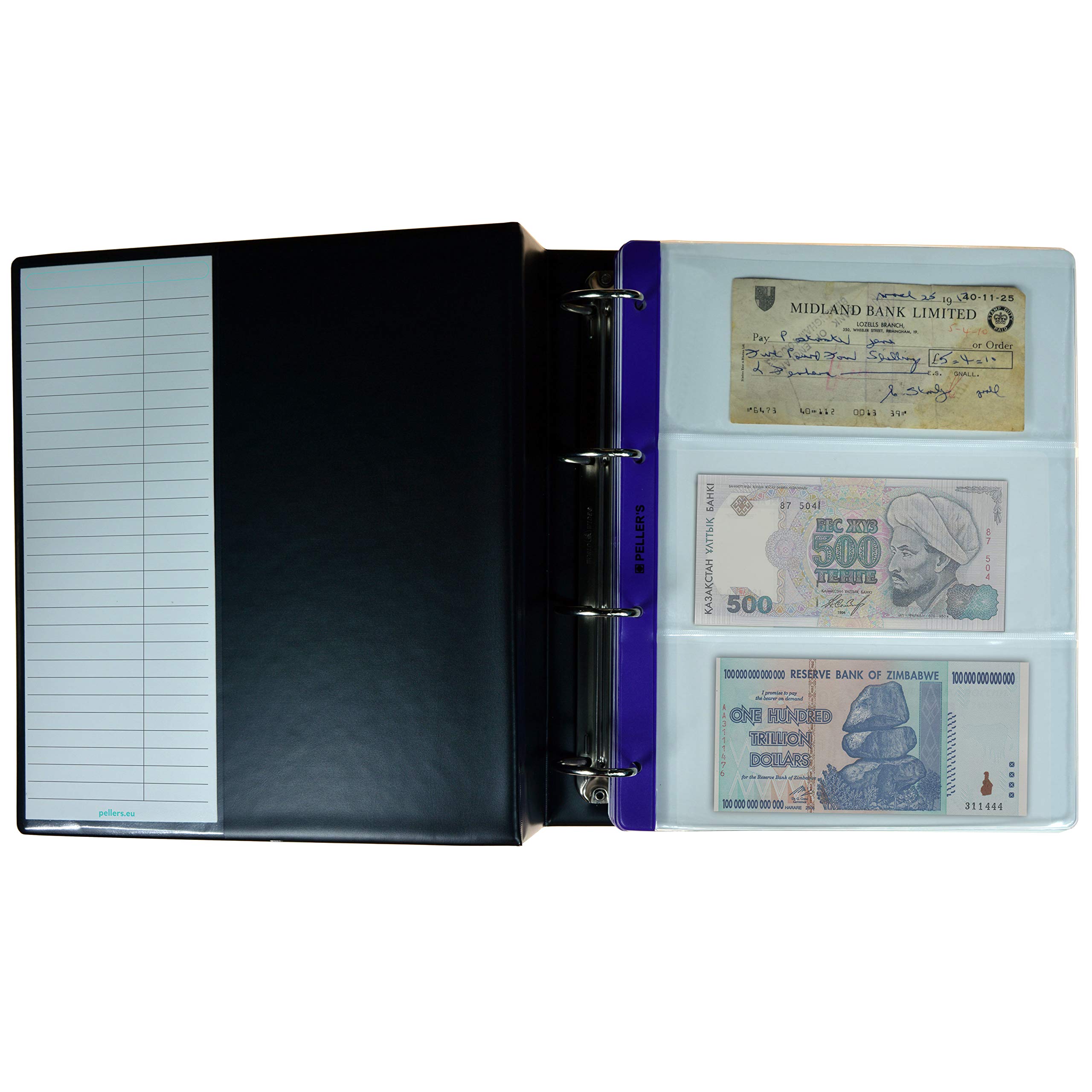 Collection Album XL, 28 Mix Banknotes & Cheques: 1, 2, 3, 4 Pockets on page & Postcard sleeves, 10 Sheets & dividers
