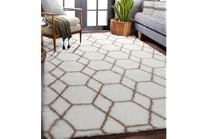 ONASAR Cute Boho Area Rug for Living Room Aesthetic, 5x8 Floor Rug, Moroccan Shag Fluffy Rug for Bedroom, Playroom, Nursery, Soft Furry Carpet, Modern Neutral Bohemian Rug, White and Beige Rug