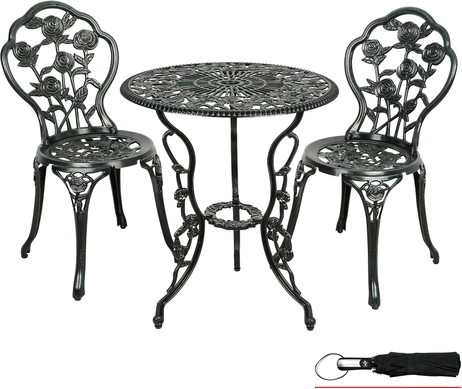 LZRS 3-Piece Outdoor Patio Bistro Set Table and Chairs Furniture with Rose Design for Garden, Porch, Backyard, Cast Aluminum with Umbrella Hole, Durable Rust Weather Resistance, Antique Verdigris: Garden & Outdoor