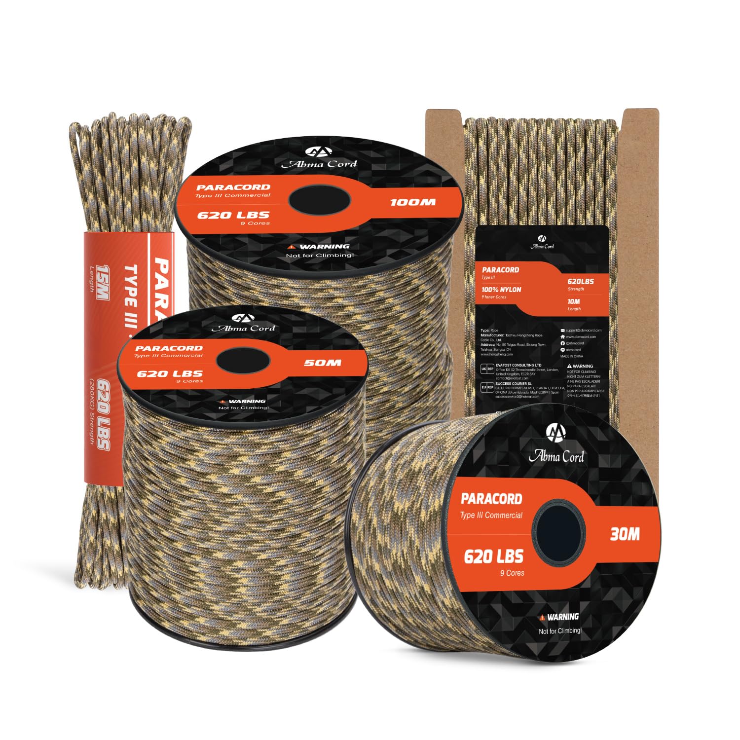 Abma Cord Paracord 4mm 15m 100% Nylon Rope 9 Strands Type III Parachute Cord for DIY, Camping, Survival, Outdoor - Max. 280kg - Woodland Camo