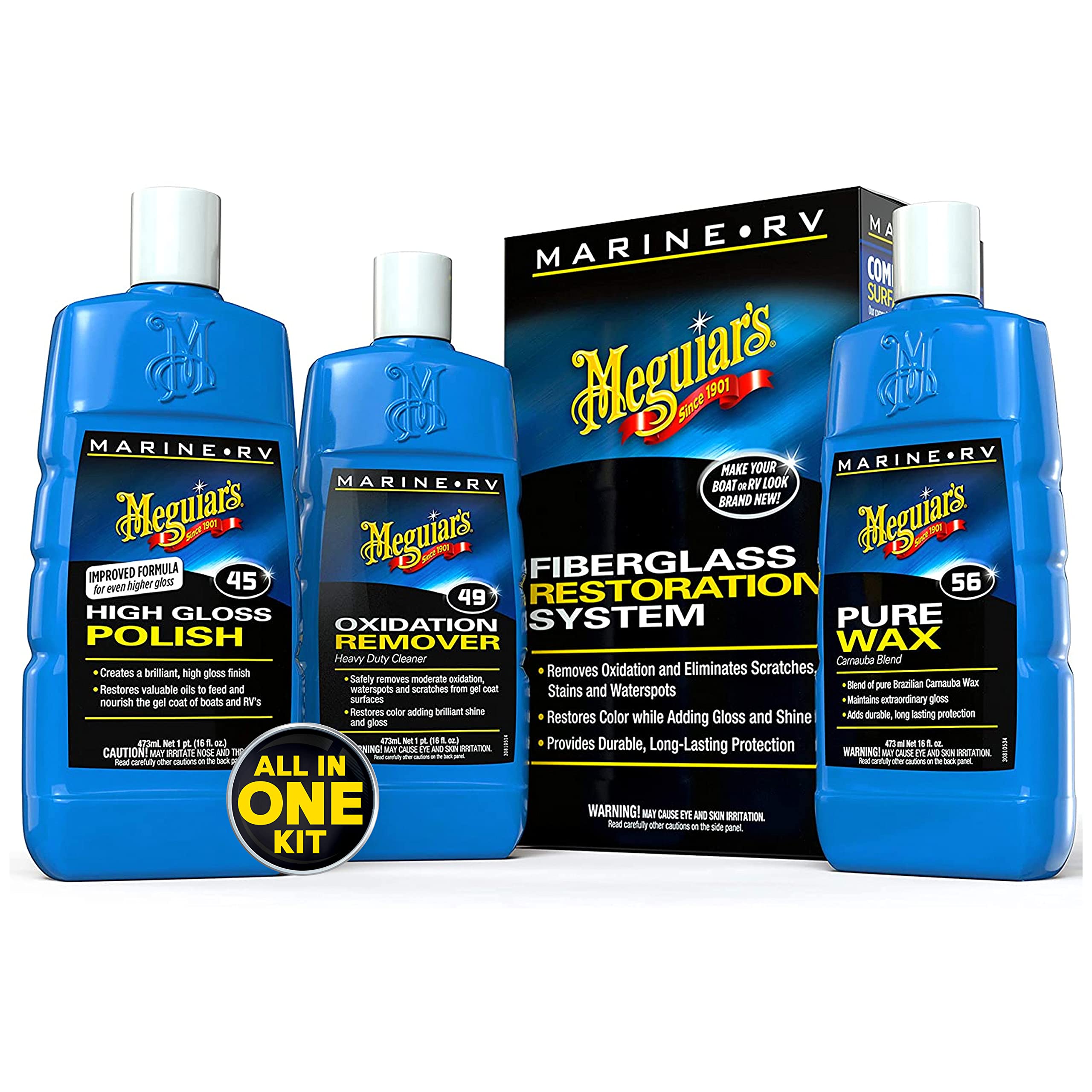 Photo 1 of Meguiar's M4965 Marine/RV Fiberglass Restoration System, 3-Piece Marine Fiberglass Repair Kit Featuring Oxidation Remover for Boat Care Plus Boat Polish and Wax