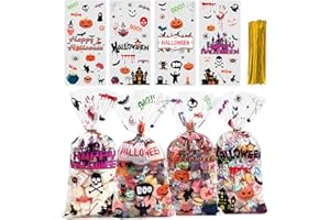 JMANNI Halloween Cellophane Treat Bags, 120pcs Halloween Plastic Clear Candy Bags, Candy Bags Bats Pumpkin and Spider Goody Bags with Twist Ties for Kids Trick or Treat