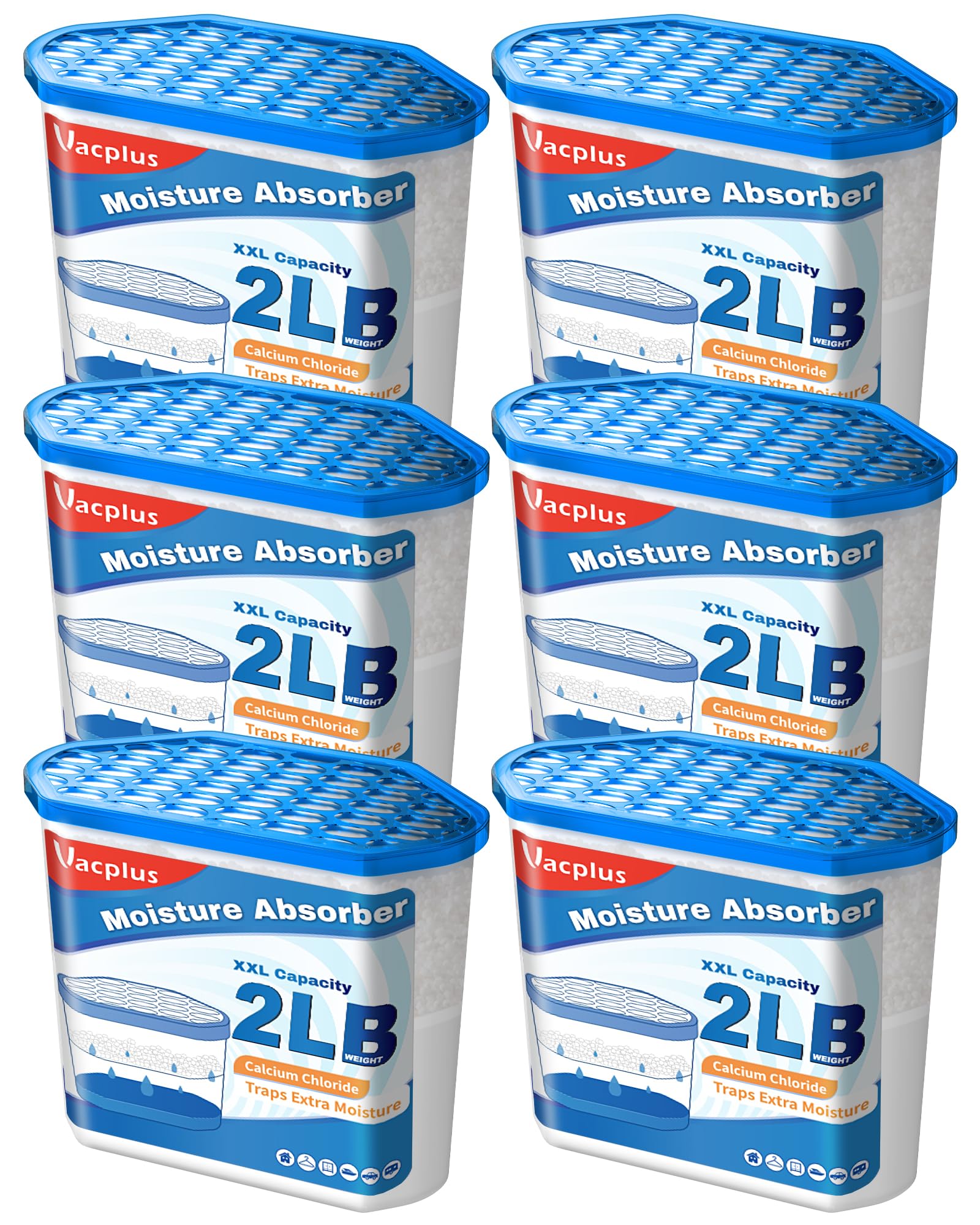 Vacplus Moisture Absorber Buckets – Large Capacity Dehumidifier and Humidity Absorber for Closet, Basement, Bathroom, RV, and Storage Areas, Unscented, 2 lbs, 6 Pack