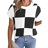 EVALESS Short Sleeve Sweater for Women Crewneck Color Block Knit Tops 2026 Spring Trendy Cap Sleeve Sweater Vest