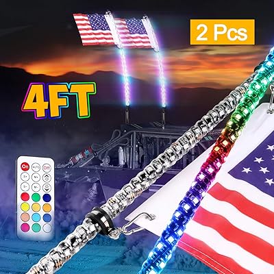 4ft LED Lighted Whip Antenna With Flag & Remote For ATV UTV Polaris RZR – 5050RGB Color Changing