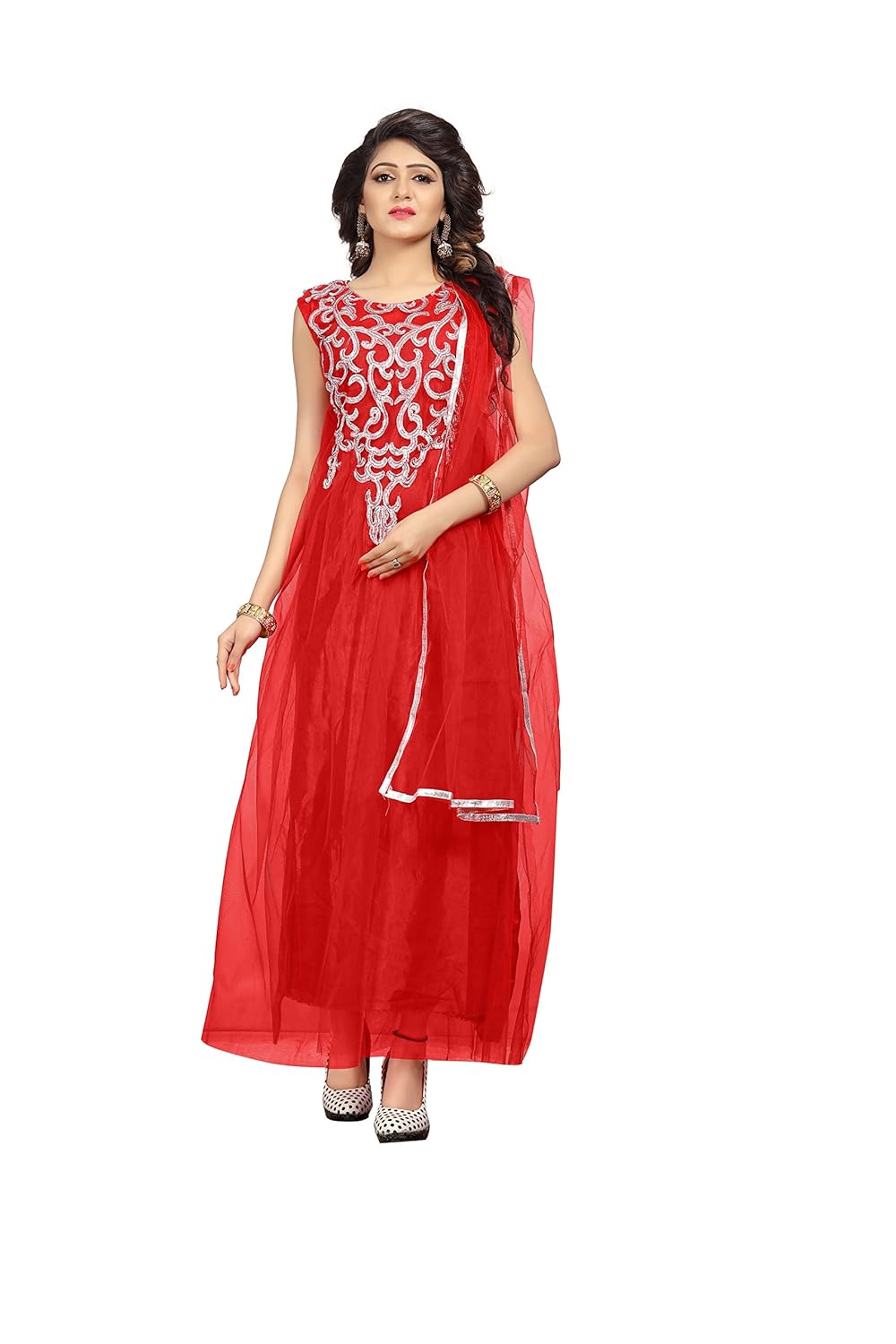 florence women's net embroidered semi-stitched gown (gw-3467_red_free size)