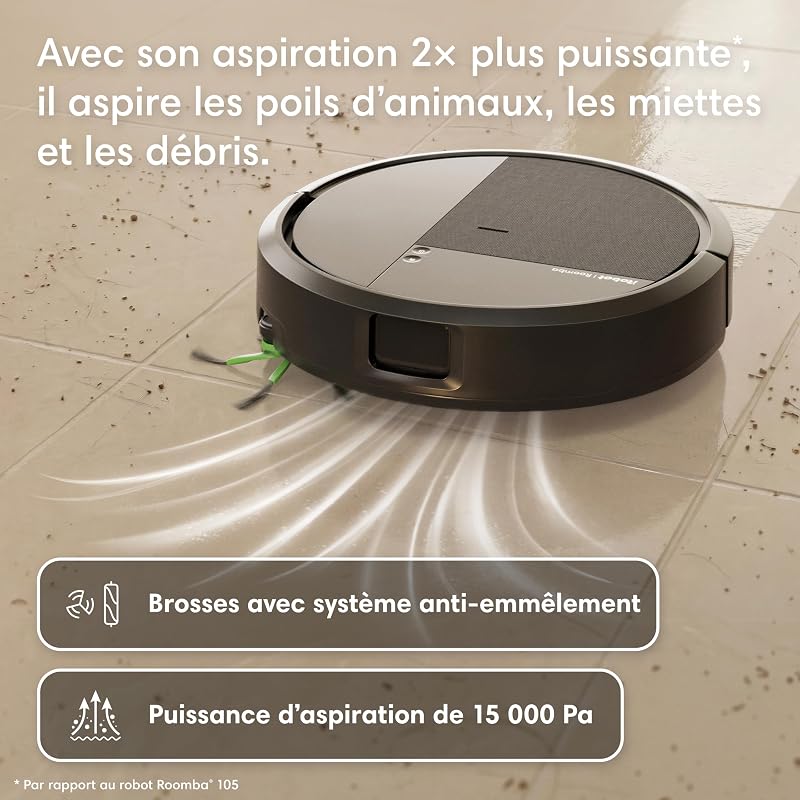 Roomba 115 Combo - Robot Aspirateur Laveur 2en1 - Puissance d'Aspiration de 15KPa - Brosse latérale étendue - Lingette de Lavage déportée - Navigation LiDAR - Noir