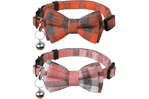 BANMODER Cat Collar Breakaway with Cute Bow Tie and Bell,Personalized Cute Plaid & Flower Patterns,1 or 2 Pack Gift for Adjustable Kitten Safety Collars (Pink & Orange)