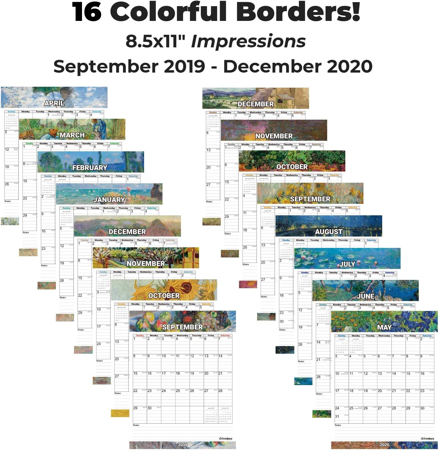 Small 2020 Wall Calendar (Impressions) 8.5x11 Inches, Stunning Hanging Calendar, Use to December 2020, with Stickers for Calenders 2020, Monthly Calendars by Cranbury