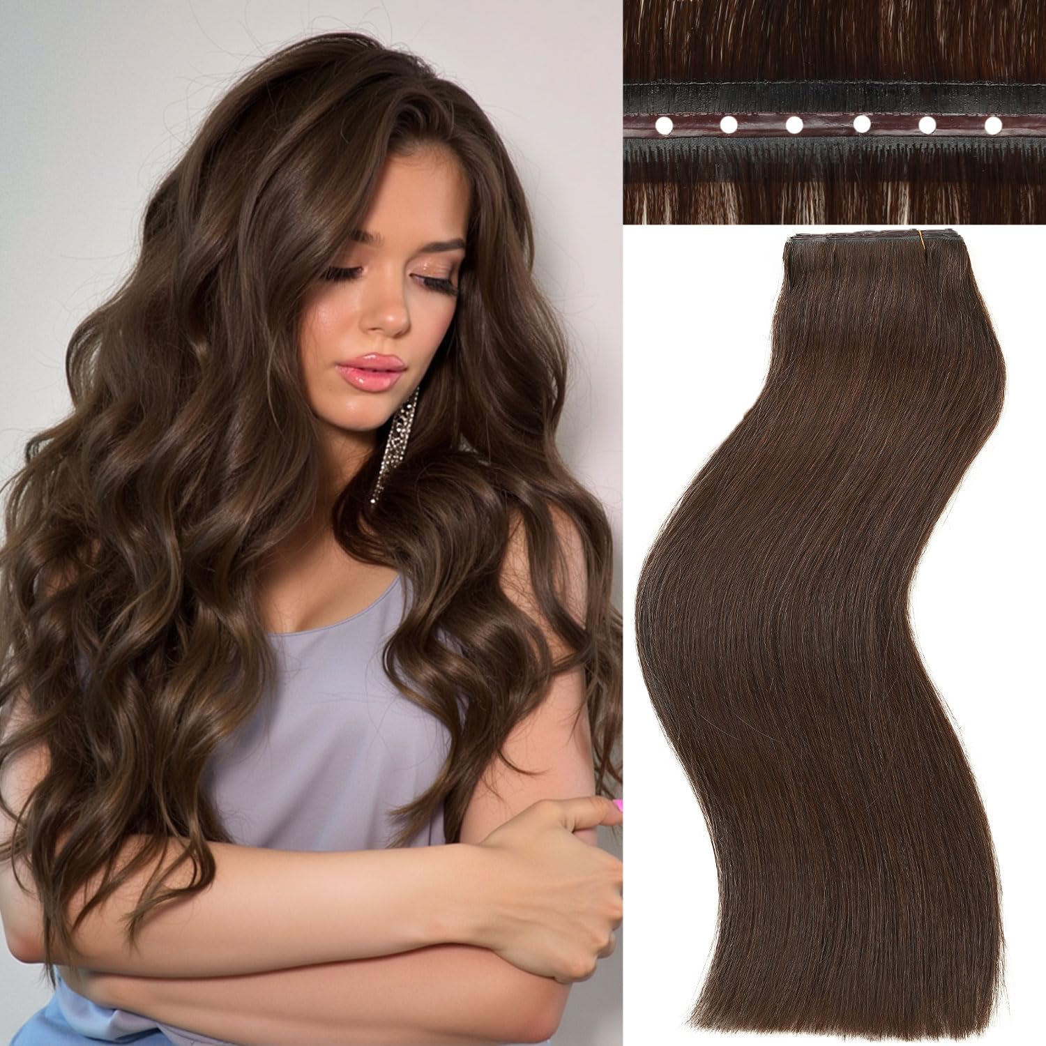 Photo 1 of FANCEE Twin Tab Butterfly Genius Weft Human Hair Extensions Latest Double Invisible Real 100% Remy Human Hair Weft with Micro Bead Simulated Scalp Hair Extensions 100g 7ps 18 Inch Brown