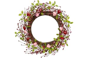 J'FLORU Valentine's Day Wreaths for Front Door 20 Inch Valentines Day Wreath Valentine Door Wreath with Pink Red Hearts and Berries Valentines Day Gifts Anniversary Wedding Decorations