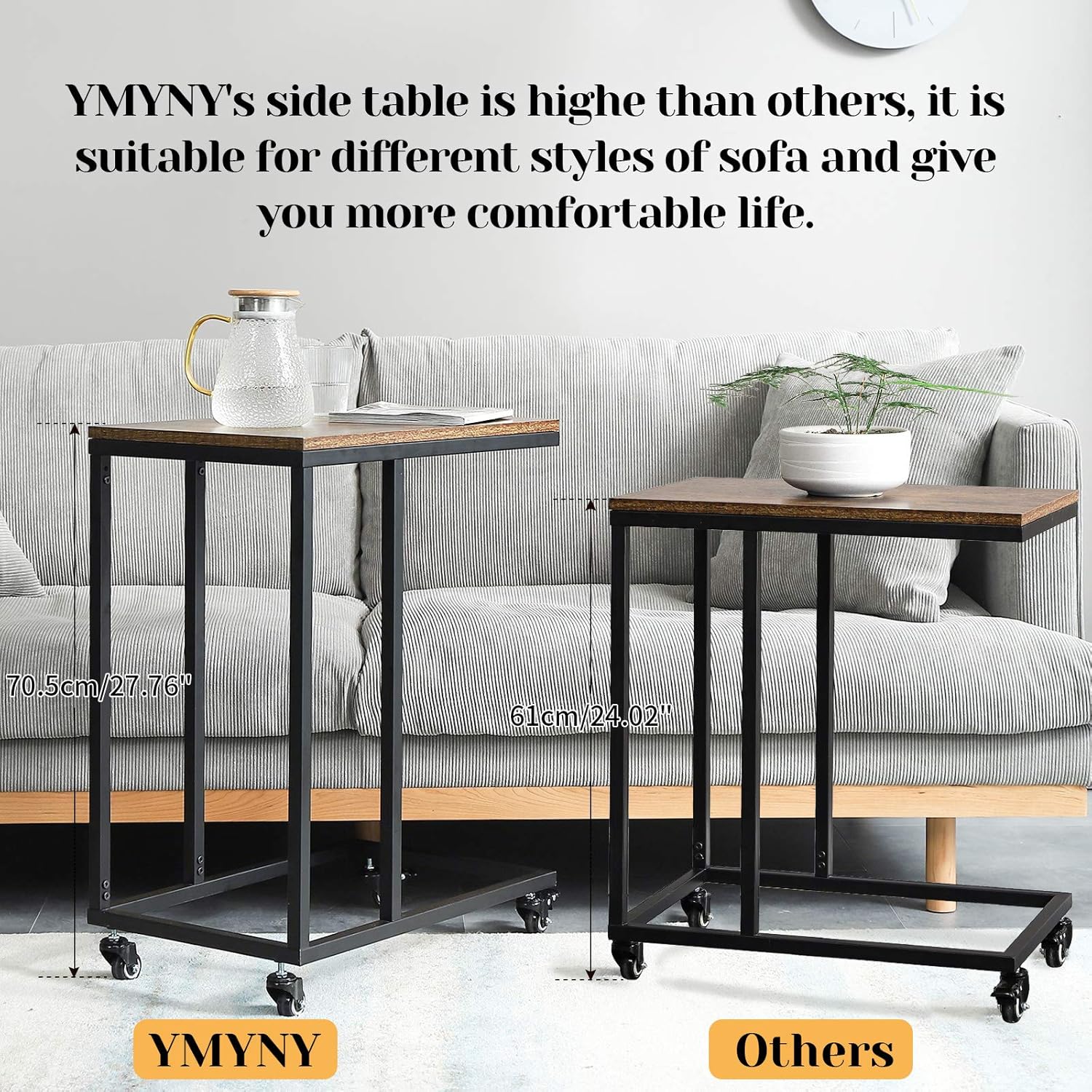 YMYNY Industrial End Table, Mobile Snack Table for Coffee Laptop Tablet, Slides Next to Sofa, C Shaped Bedside Table with Metal Frame for Living Room, Bedroom, Easy Assembly, Rustic Brown UTMJ009H: Kitchen & Dining