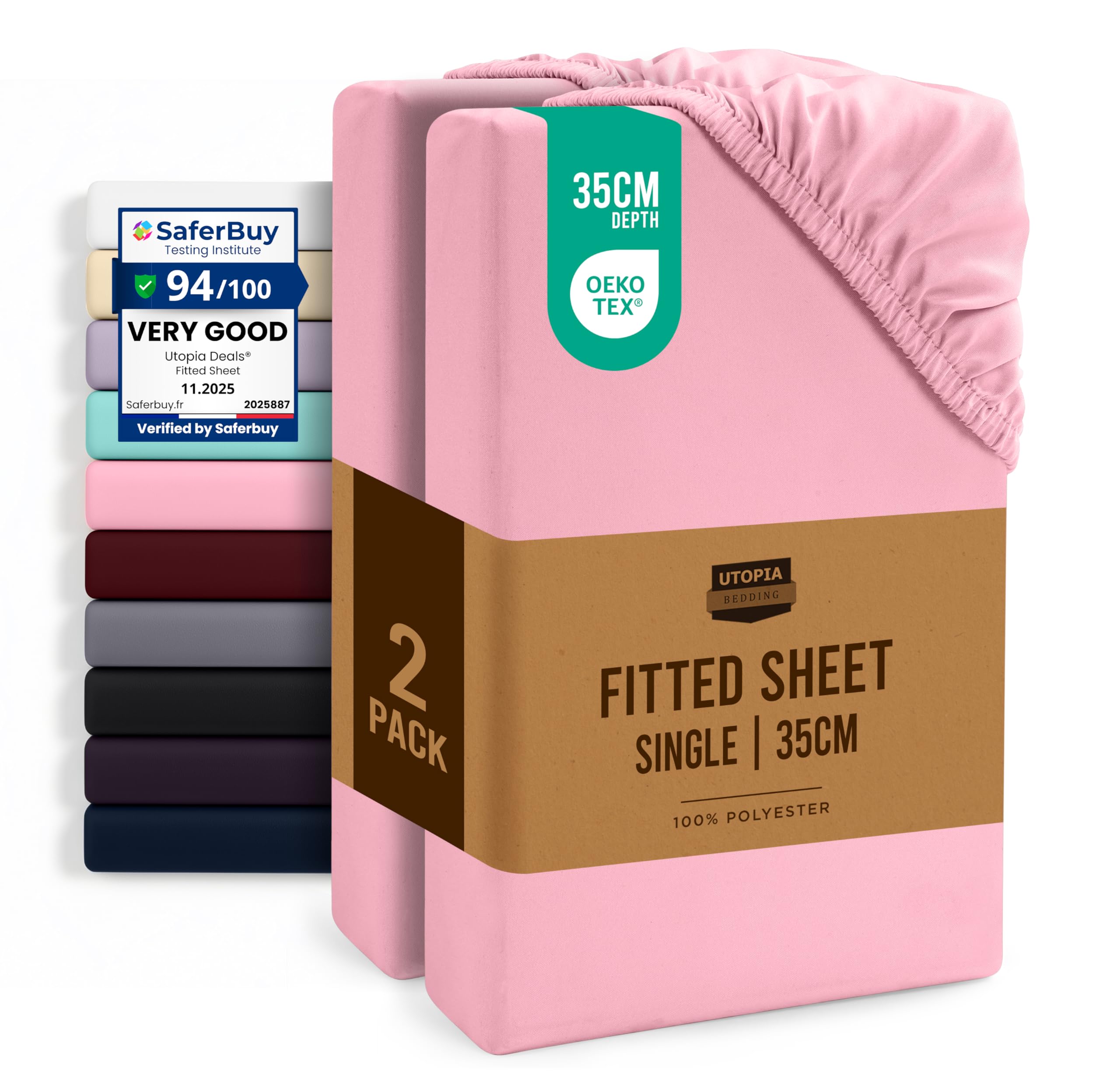 Utopia Bedding Fitted Sheet Single (2 Pack), Pink - Deep Pocket 14 inch (35 cm) - Oeko Tex Certified - Easy Care - Soft Brushed Microfibre Fabric - Shrinkage and Fade Resistant - Bottom Sheet — image 1