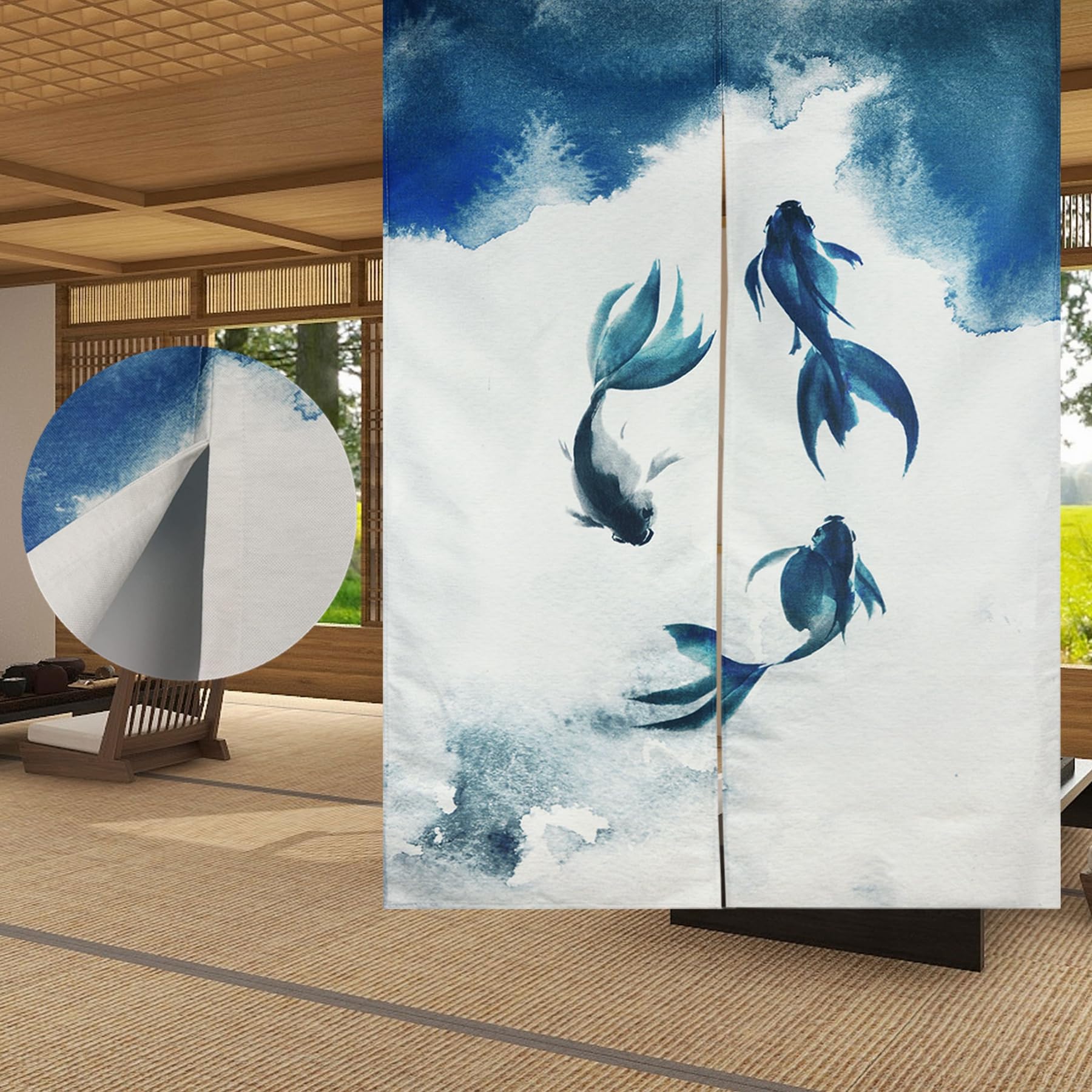 LIGICKY Chinese Ink Style Japanese Noren Doorway Curtain Thicken Koi Fish Printed Asian Window Treatment Hanging Door Tapestry for Sushi Kitchen Home Decoration 85 x 120 cm (Double Sided)