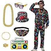 ZhouBoat 9pcs 80s 90s Outfit for Men 80s Halloween Costumes Rapper Track Suits with Hip Hop Accessories for 90s Themed Party