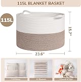 TIMEYARD 115L Extra Large Blanket Basket Soft Cotton Rope Storage White Brown view 2
