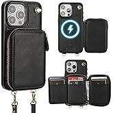 Bocasal for MagSafe Crossbody Wallet Case Compatible with iPhone 15 Pro Max, RFID Blocking Protective Purse Case with Card Slots Holder Kickstand Wrist Strap Lanyard Zipper 6.7 Inch 5G (Black)