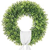 Petalyn 24 Inch Large Boxwood Wreath Spring Summer with Sash Artificial Green Wreaths for Front Door Farmhous Wedding Window Hanging Wall All Year Round Indoor & Outdoor St Patrick's Day Decor