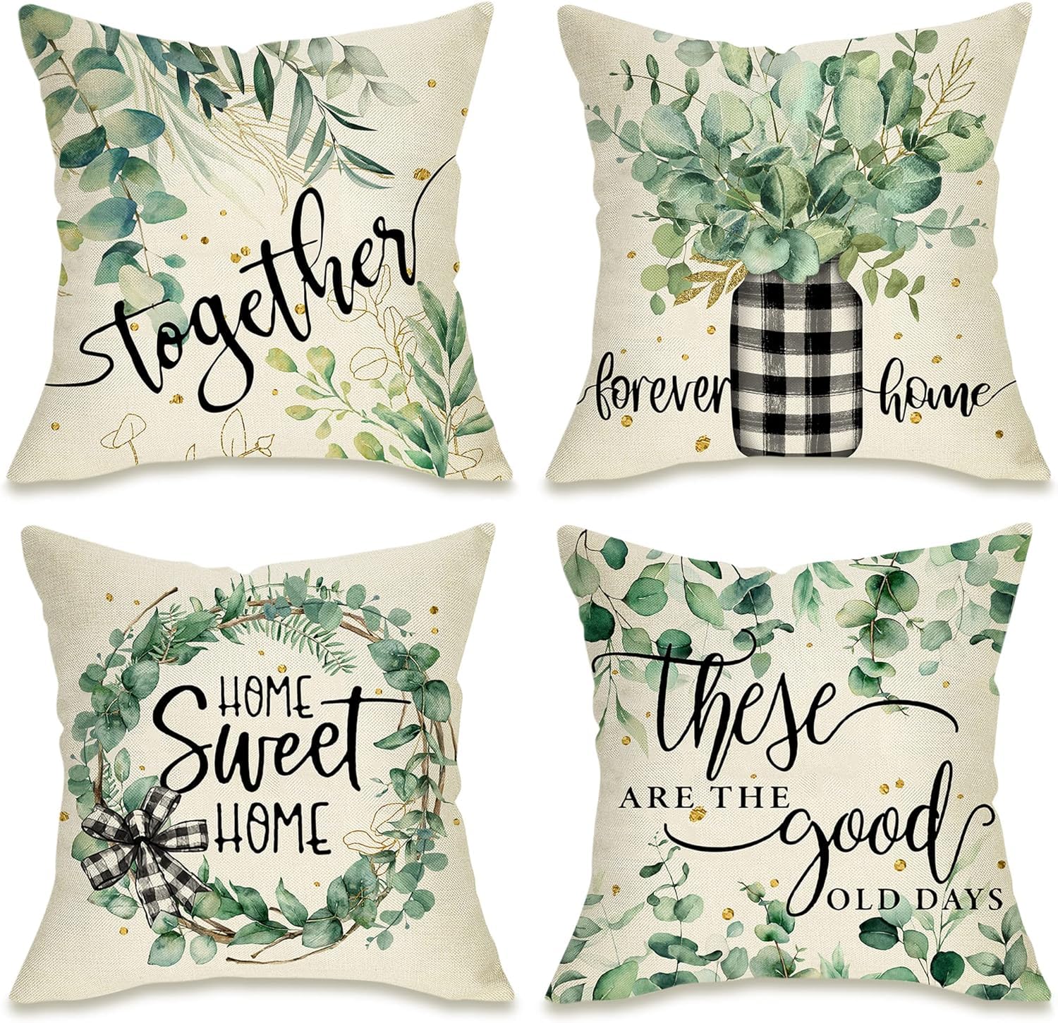 BAOKU Cushion Covers 45x45 cm Pillow Covers Spring Decorative Home Decor for Bed Couch Sofa Bedroom Office Pack of 4 wreath of green flowers Pattern Linen Pillowcase 18x18 Inch