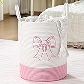 Honeydak Pink Bow Cotton Rope Laundry Basket Hamper Large Laundry Basket Hamper Coquette Bow Room Decor for Girls Girly Nursery Storage Bin Tall Round Organizer for Blanket Toys Clothes