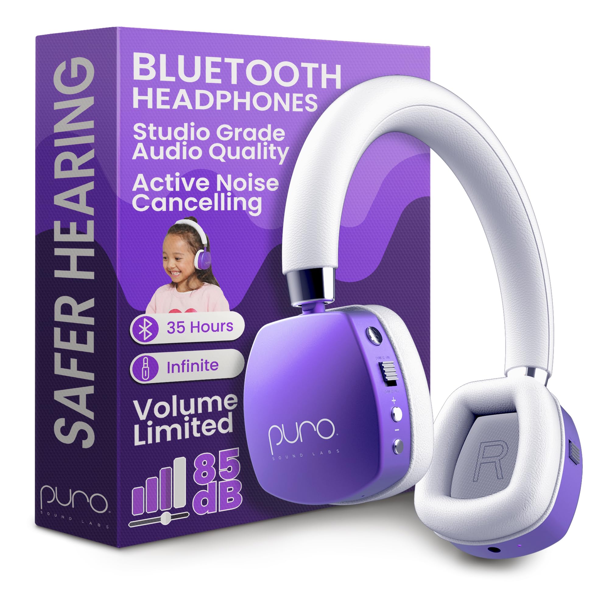 Puro Sound Labs PuroQuiet Plus Volume Limited On-Ear Active Noise Cancelling Bluetooth Headphones for Kids with Built-in Microphone–Safer Sound Studio-Grade Quality (Purple)