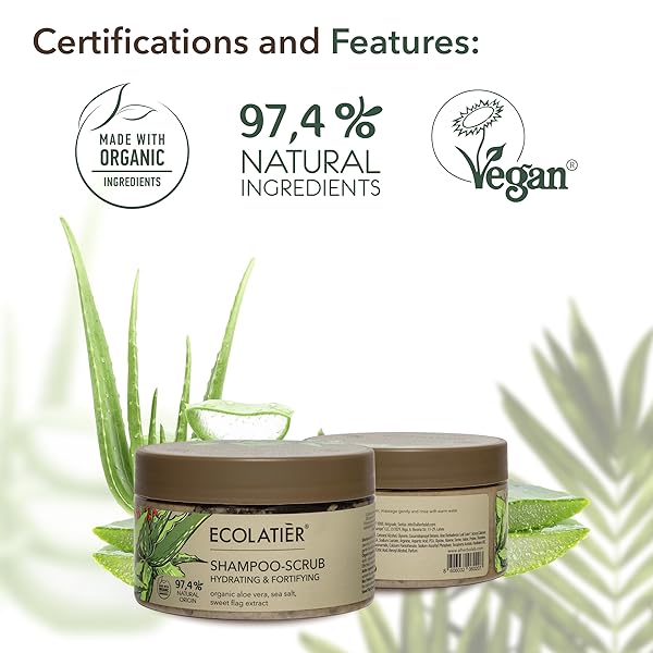 SHAMPOO SCRUB & SCALP EXFOLIATOR WITH ORGANIC ALOE VERA – HYDRATING, FORTIFYING HAIR SCRUB FOR GROWTH, VEGAN, 97.4% NATURAL, GENTLE MOISTURIZING FOR SENSITIVE SCALP
