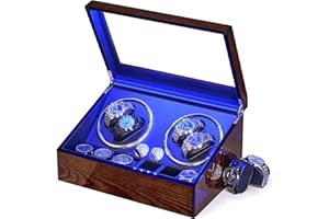 BEWISHOME Watch Winders for Automatic Watches, Automatic Watch Winder Box Watch Spinner with LED Light, 4 Watch Winder with Quiet Running Motor and 6 Storage Case for Man/Woman's Watches, Brown SYQ01Y