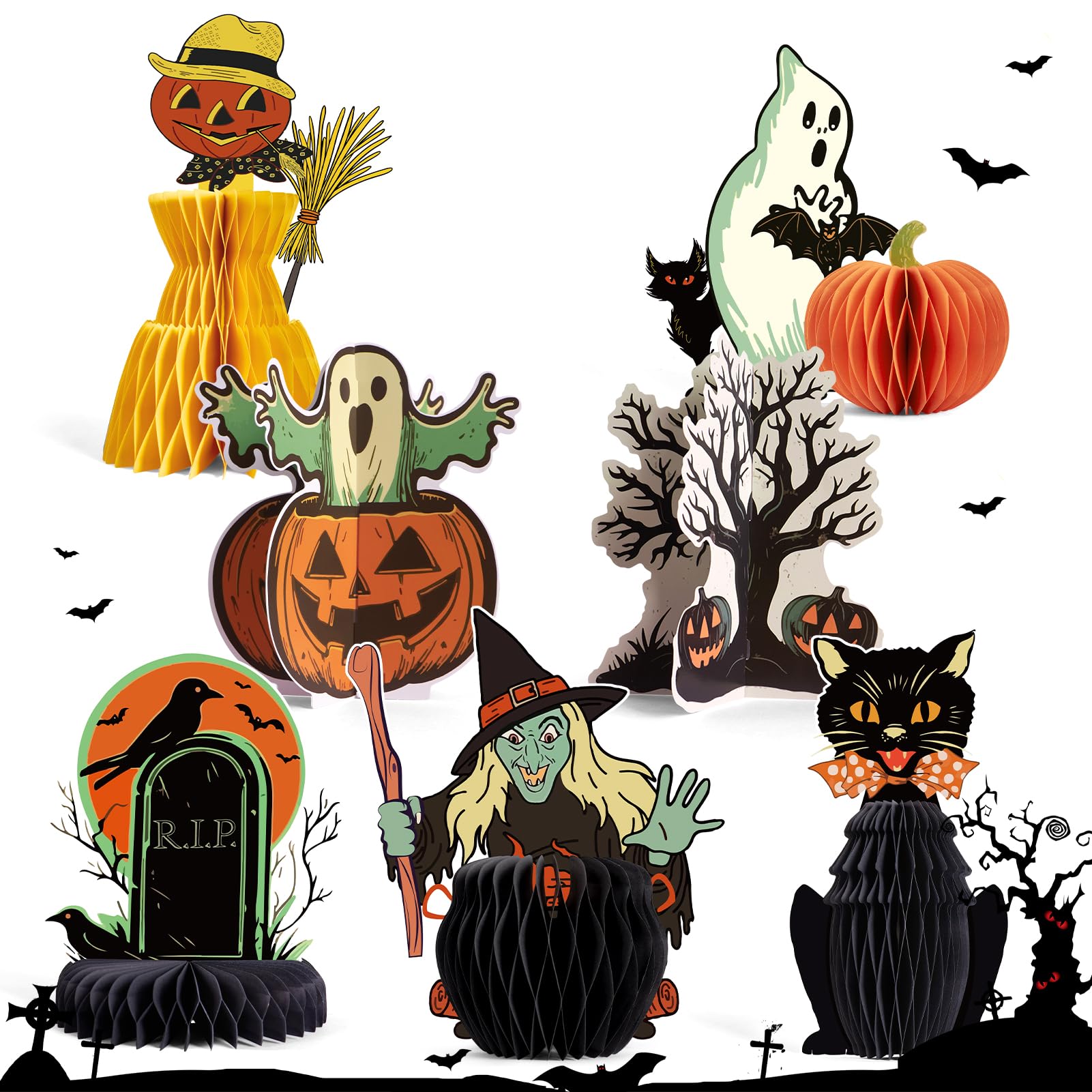 SUNBEAUTY Halloween Centerpieces for Tables Decorations Scary Halloween Birthday Party Decorations with Witch, Black Cat, Ghost, Pumpkin and Graveyard Designs